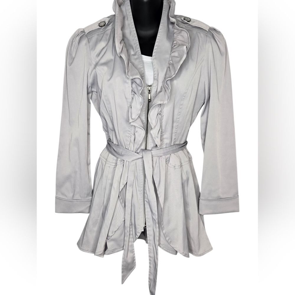 Cynthia Rowley Gray Ruffle Light Trench Jacket Size S